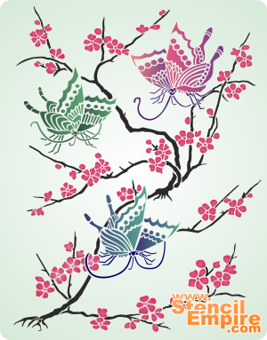 Сакура и бабочки - трафарет для декора