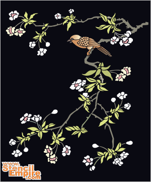 Птичка на сакуре - трафарет для декора